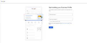 Google Business Profile setup page with form fields for name and category