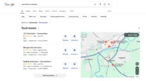 Google results for Carmarthen solicitor with map and local firm listings