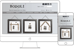 Bodoli responsive ecommerce website showing pebble art gifts on desktop and mobile