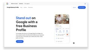 Google Business Profile landing page promoting free business listing with Get started CTA