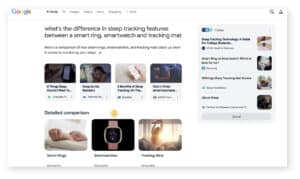 Google results showing sleep tracking comparison: smart ring, smartwatch, tracking mat