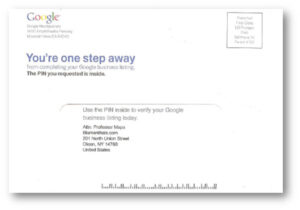 Google My Business verification postcard envelope with PIN notice
